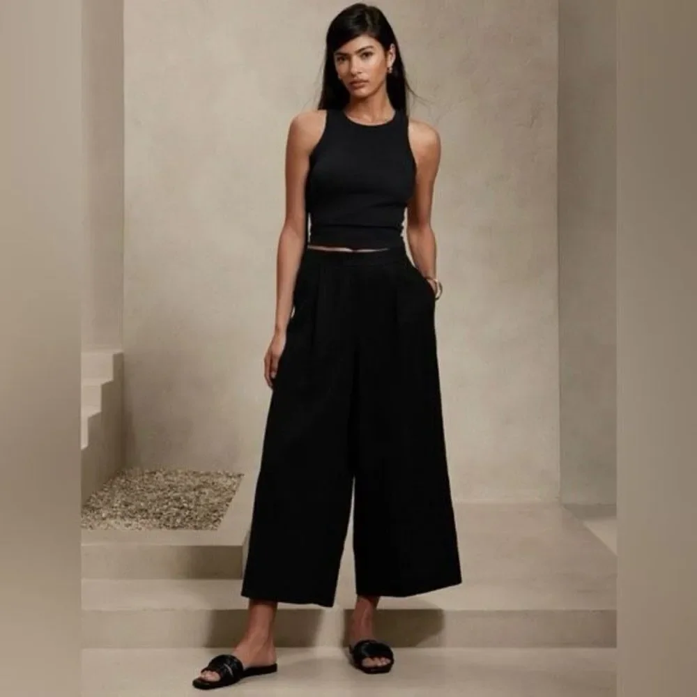 ✨BANANA REPUBLIC BLACK LINEN-BLEND CROPPED WIDE-LEG PANTS ✨